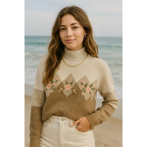 VINTAGE Autumn Fall Grandma Cottage Core Embroidered Alpaca Silk Sweater Sz S - Picture 1 of 12